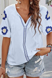 V Neck Embroidery Short Sleeves Top 