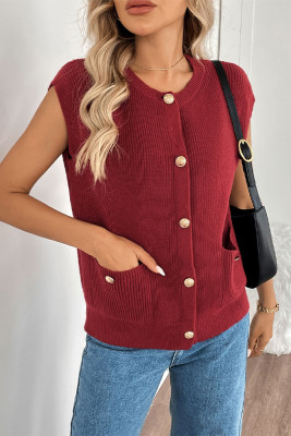 Red Sleeveless Button Knitting Top 