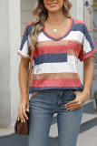 V Neck Colorblock Short Sleeves Top with Pocket 