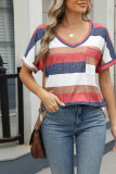 V Neck Colorblock Short Sleeves Top with Pocket 