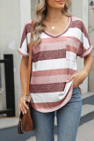 V Neck Colorblock Short Sleeves Top with Pocket 