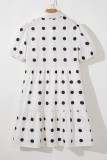 White Polka Dot Print Short Sleeve Collar Buttoned Tiered Babydoll Dress