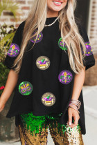 Black Sequined Mardi Gras Side Slits Oversized Graphic Tee