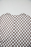 Khaki Checkered Print Buttoned Crew Neck Wide Leg Jumpsuit