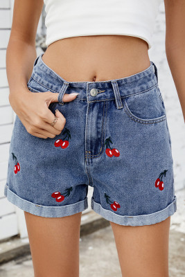Cherry Embroidery Denim Shorts