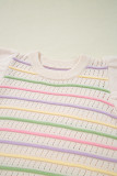 Oatmeal Colorful Striped Eyelet Knit Ruffled Sleeve Sweater T Shirt