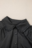 Black Shirt Style Button Down Puff Sleeve Ruffle Hem Dress