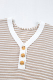 Khaki Stripe Buttoned Front V Neck Knitted T Shirt