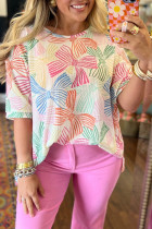 Multicolour Bowknot Printed Waffle Crewneck Loose Short Sleeve Top