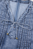 Beau Blue Tie V Neck Tucking Detail Short Sleeve Denim Shift Dress