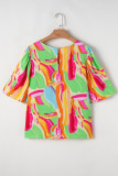 Multicolour Abstract Print Keyhole Back Pleated Half Sleeve Blouse