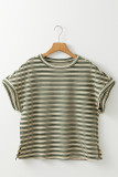 Green Stripe Textured Side Slits Crew Neck T Shirt