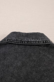 Black Short Sleeve Flap Pocket Button Up Raw Hem Denim Shirt