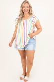 White Stripe Ruffled Sleeve Square Neck Plus Size Blouse