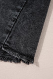 Black Short Sleeve Flap Pocket Button Up Raw Hem Denim Shirt
