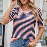 Crew Neck Stripes Knitting Top 