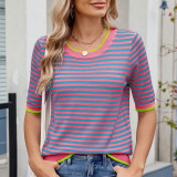 Crew Neck Stripes Knitting Top 