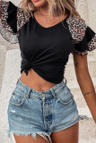Black Leopard Print Patchwork Ruffled Sleeve V Neck T Shirt