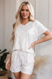 Beige Checkered V Neck Tee Drawstring Shorts Lounge Set