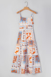 Orange Multi Printed Ricrac Trim Spaghetti Straps Maxi Dress