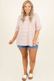 Pink Stripe Waffle Knit Pocketed Half Sleeve Plus Size T Shirt