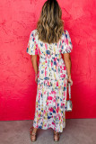 Rose Abstract Print Short Puff Sleeve Tiered Maxi Dress