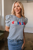 Blue Stripe America Cursive Graphic Puff Sleeve T-shirt
