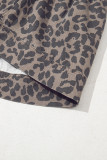 Brown Denim Leopard Printed Short Puff Sleeve Mini Dress