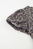 Brown Denim Leopard Printed Short Puff Sleeve Mini Dress