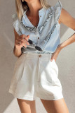 Beau Blue Mineral Wash Cap Sleeve Frilled Button Up Denim Shirt