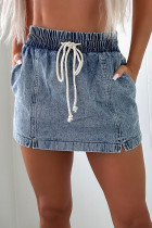 Dusk Blue Drawstring High Waist Pocketed Denim Shorts
