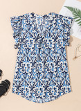 Sky Blue Boho Abstract Print Pintuck Detail Ruffled Top