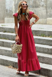 Fiery Red V Neck Flutter Sleeve Smocked Bodice High Waist Ruffle Maxi Dress