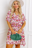 White Abstract Print V Neck Short Sleeve Ruffled Plus Size Mini Dress