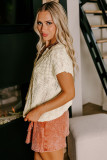 Beige Notched V Neck Short Sleeve Sweater