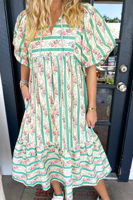 Multicolour Striped Floral Print Tie Split Neck Puff Sleeve Midi Dress