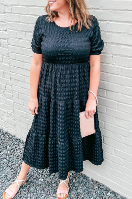 Black Plus Size Textured Tiered Short Sleeve Maxi Dress