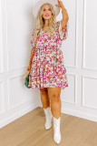 White Abstract Print V Neck Short Sleeve Ruffled Plus Size Mini Dress