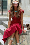 Fiery Red V Neck Flutter Sleeve Smocked Bodice High Waist Ruffle Maxi Dress