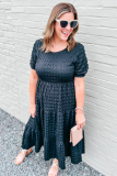 Black Plus Size Textured Tiered Short Sleeve Maxi Dress