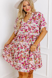 White Abstract Print V Neck Short Sleeve Ruffled Plus Size Mini Dress