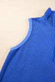 Sky Blue Corded Collared Half Zip Tank Top Two Piece Shorts Set