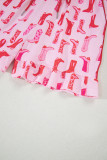 Pink Western Cowgirl Boots Printed Shirt Ruffled Shorts Pajama Set