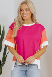 Rose Red Color Block Patchwork Side Slits Loose Fit T Shirt