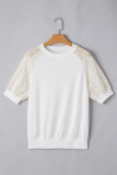 White Lace Crochet Short Sleeve Round Neck T Shirt
