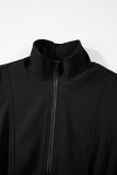 Black French Terry Zipped Collar Sleeveless Drawstring Waist Mini Dress