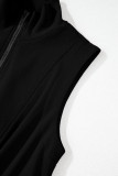 Black French Terry Zipped Collar Sleeveless Drawstring Waist Mini Dress