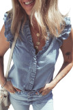 Beau Blue Frilly Ruffle Trim V Neck Chambray Tank Top