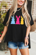 Black Bunny Graphic Drop Shoulder Hi Low Casual Tee