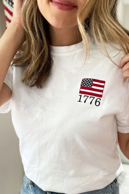 White Amercian Flag 1776 Embroidered Pattern Crew Neck Tee